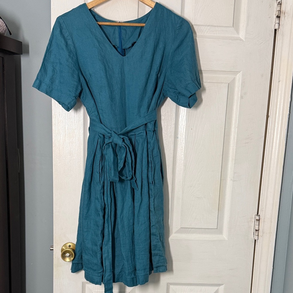 Source Unknown Teal V-Neck Tie-Waist Midi Dress